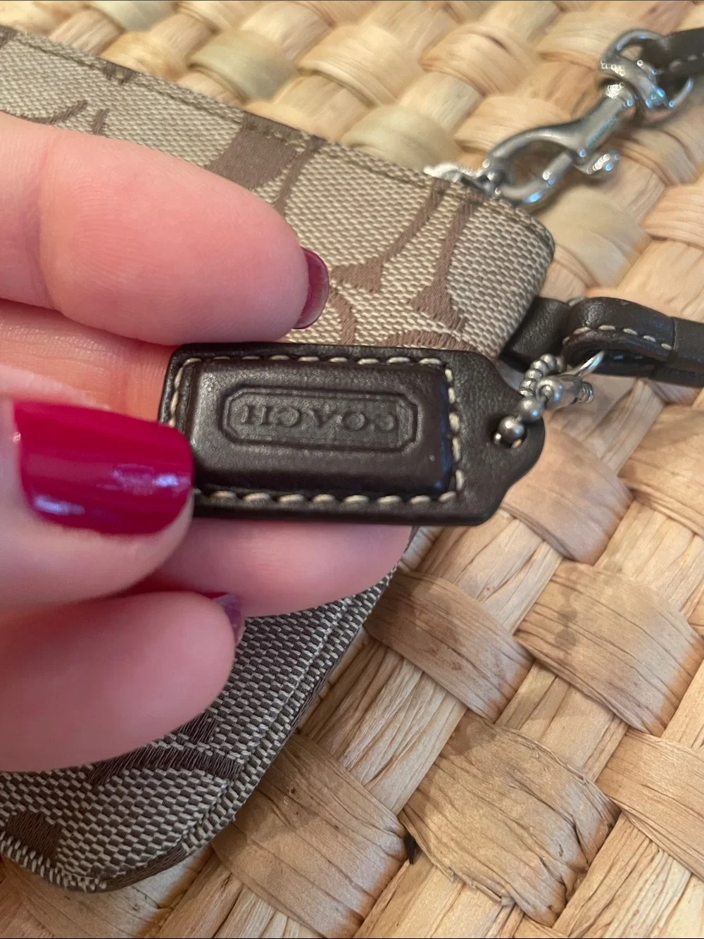 Coach Brown Signature Jacquard Wristlet with Leather Strap and Hang Tag EUC